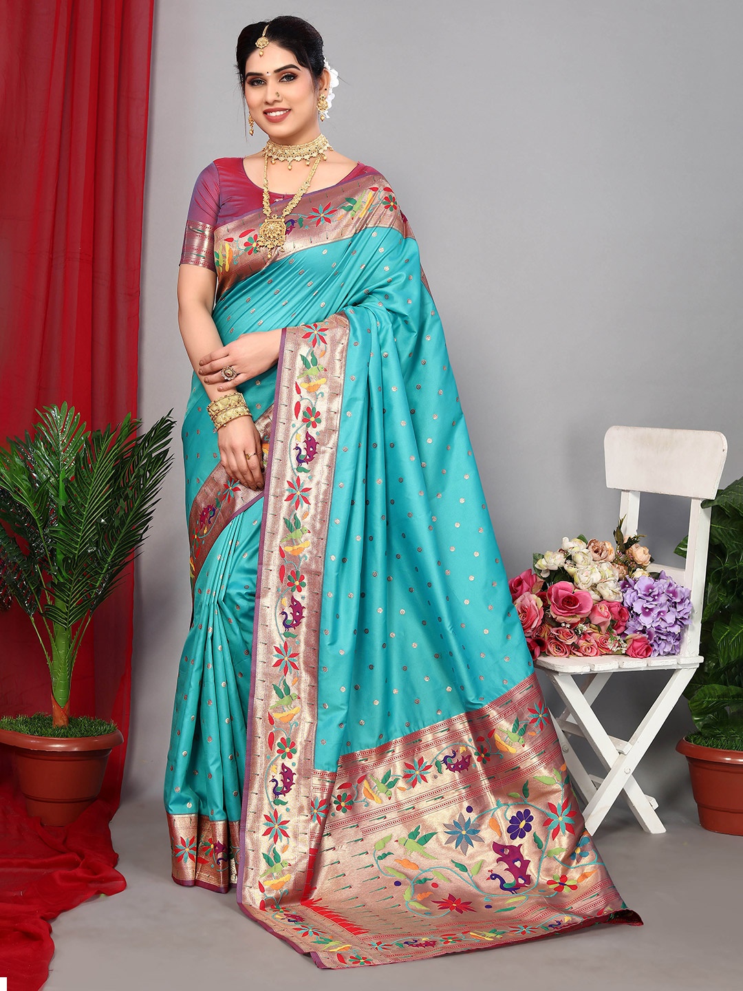 

Divyadham Textiles Woven Design Zari Pure Silk Designer Banarasi Saree, Turquoise blue