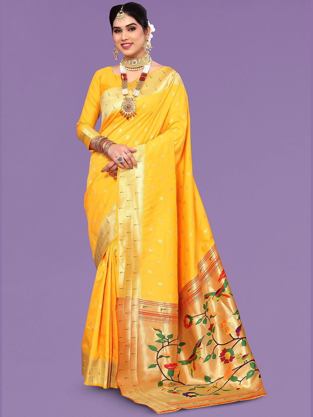 

Divyadham Textiles Ethnic Motif Woven Design Zari Pure Silk Banarasi Saree, Yellow