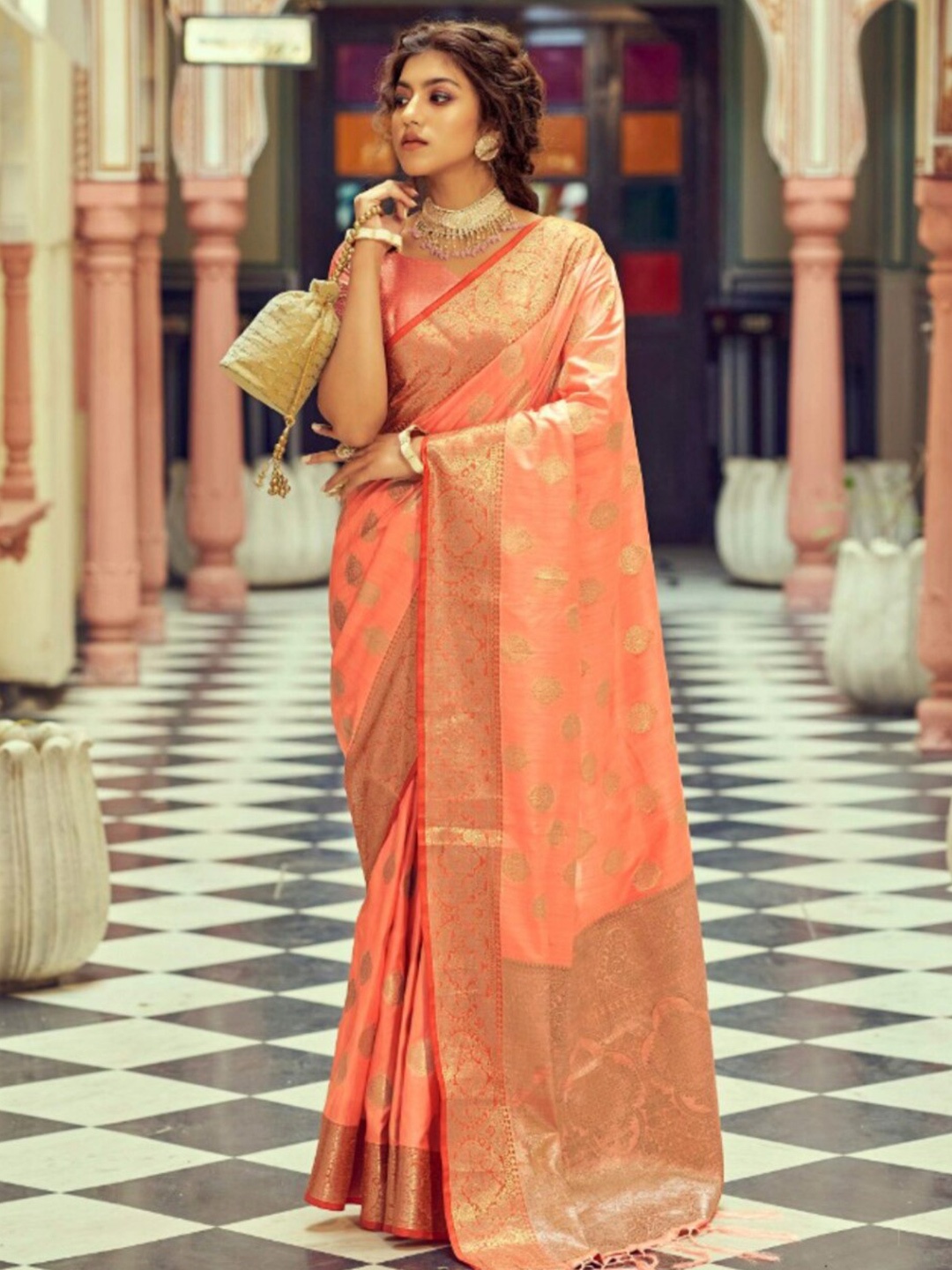 

MAGMINA Orange & Gold-Toned Zari Silk Blend Banarasi Saree