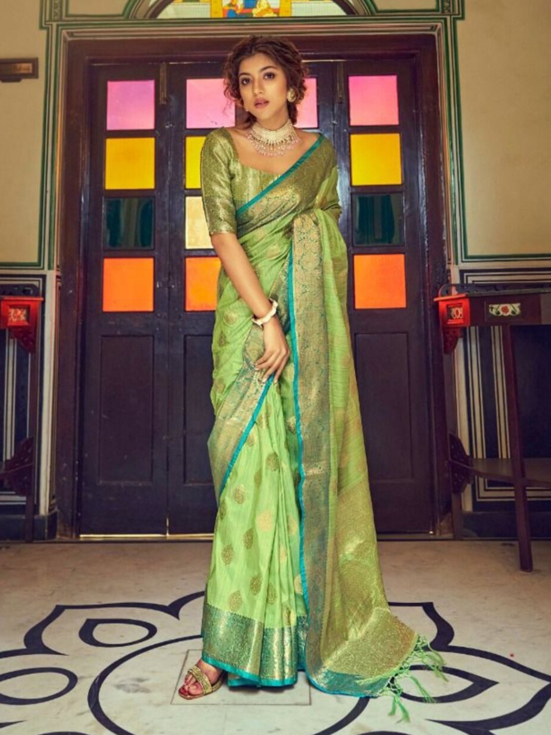 

MAGMINA Zari Silk Blend Banarasi Saree, Sea green