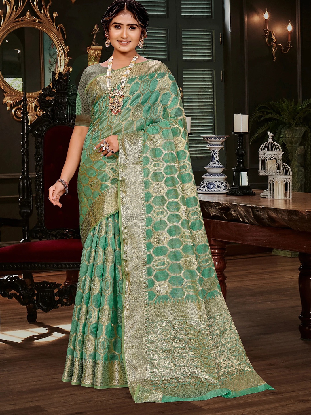 

MAGMINA Bandhani Zari Organza Banarasi Saree, Green