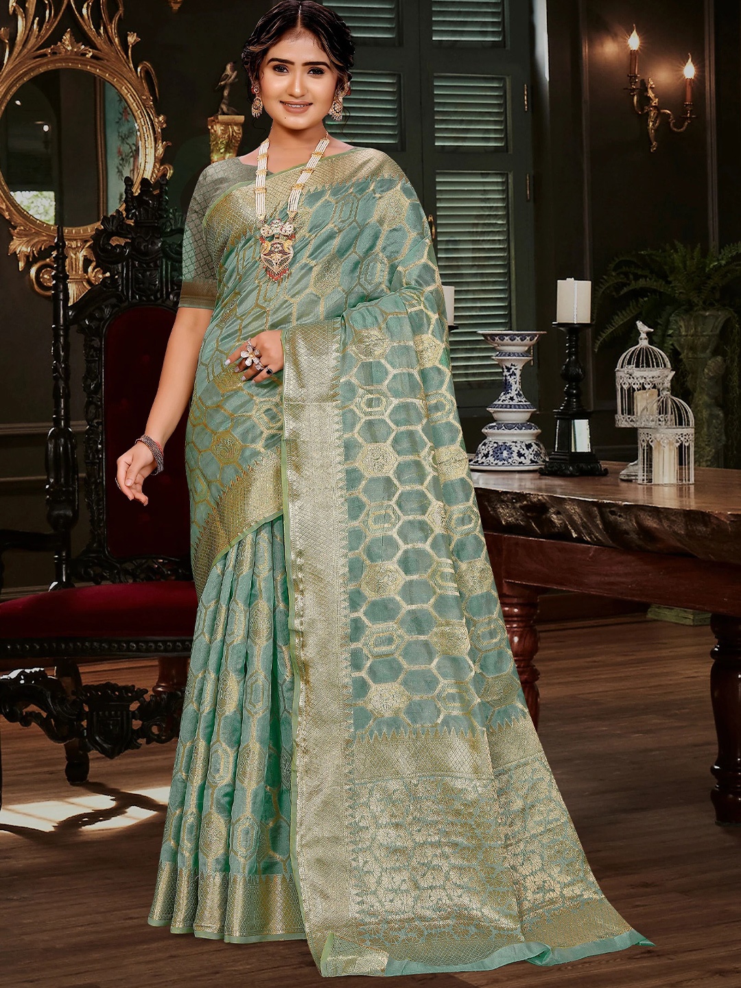 

MAGMINA Bandhani Zari Organza Banarasi Saree, Grey