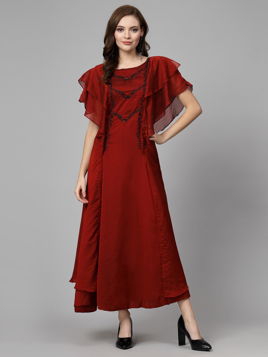 

KALINI Embroidered Flared Sleeves Bead Work A-Line Kurta, Red