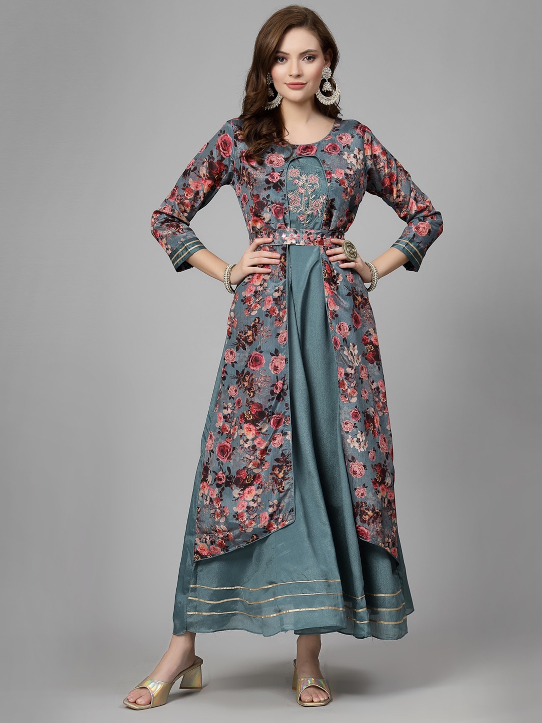 

KALINI Floral Printed Three-Quarter Sleeves Mirror Work A-line Kurta, Green