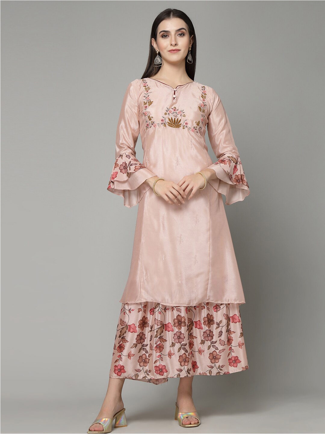 

KALINI Floral Embroidered Bell Sleeves Thread Work A-Line Kurta, Pink