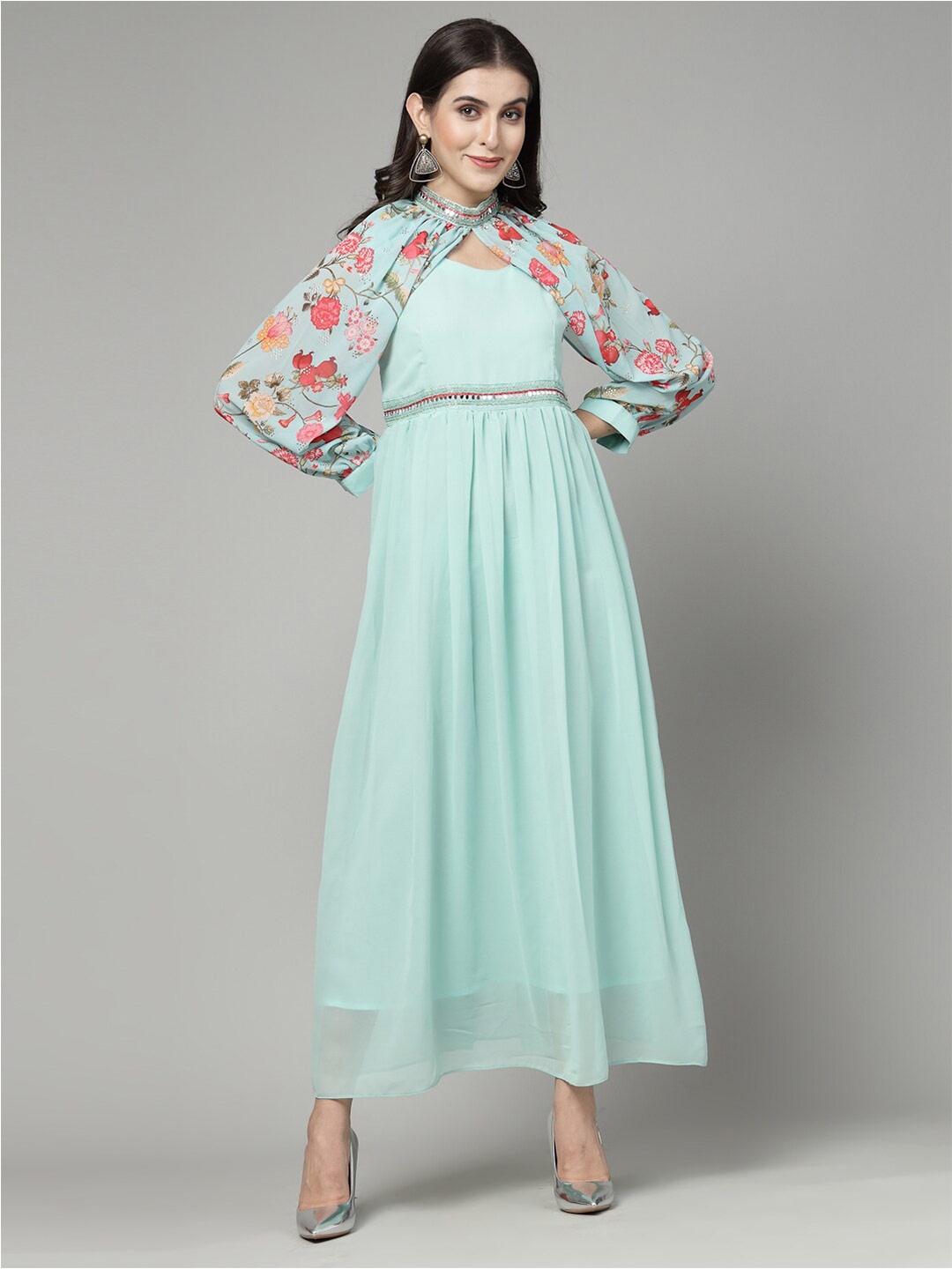 

KALINI Floral Printed Bell Sleeves Mirror Work A-Line Kurta, Blue