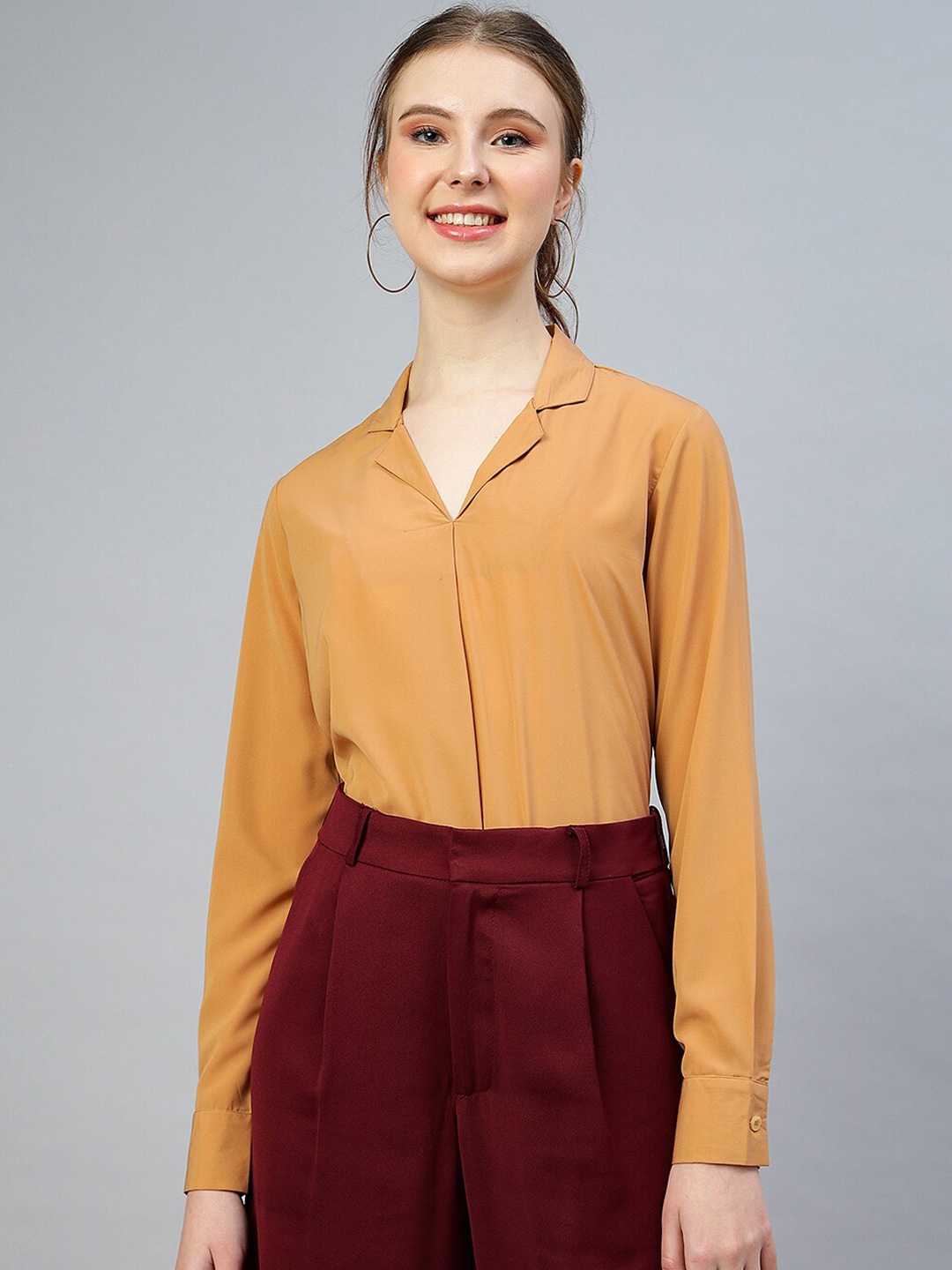 

FITHUB Cuffed Sleeves Opaque Shirt Style Top, Beige