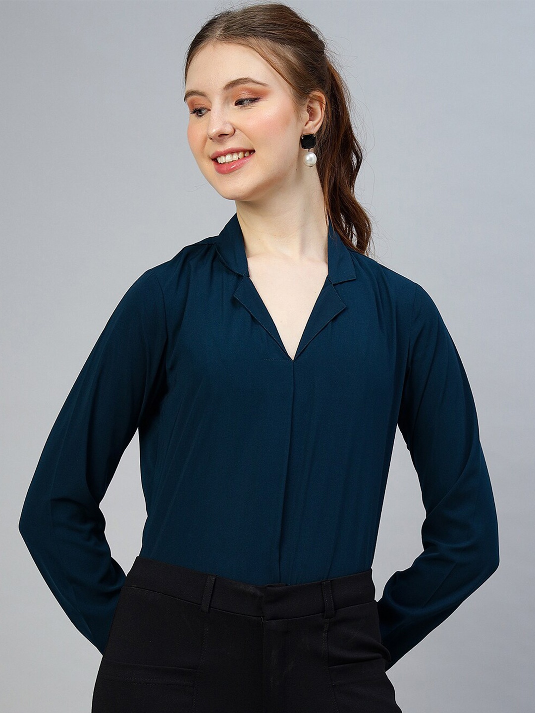 

FITHUB Cuffed Sleeves Opaque Shirt Style Top, Turquoise blue