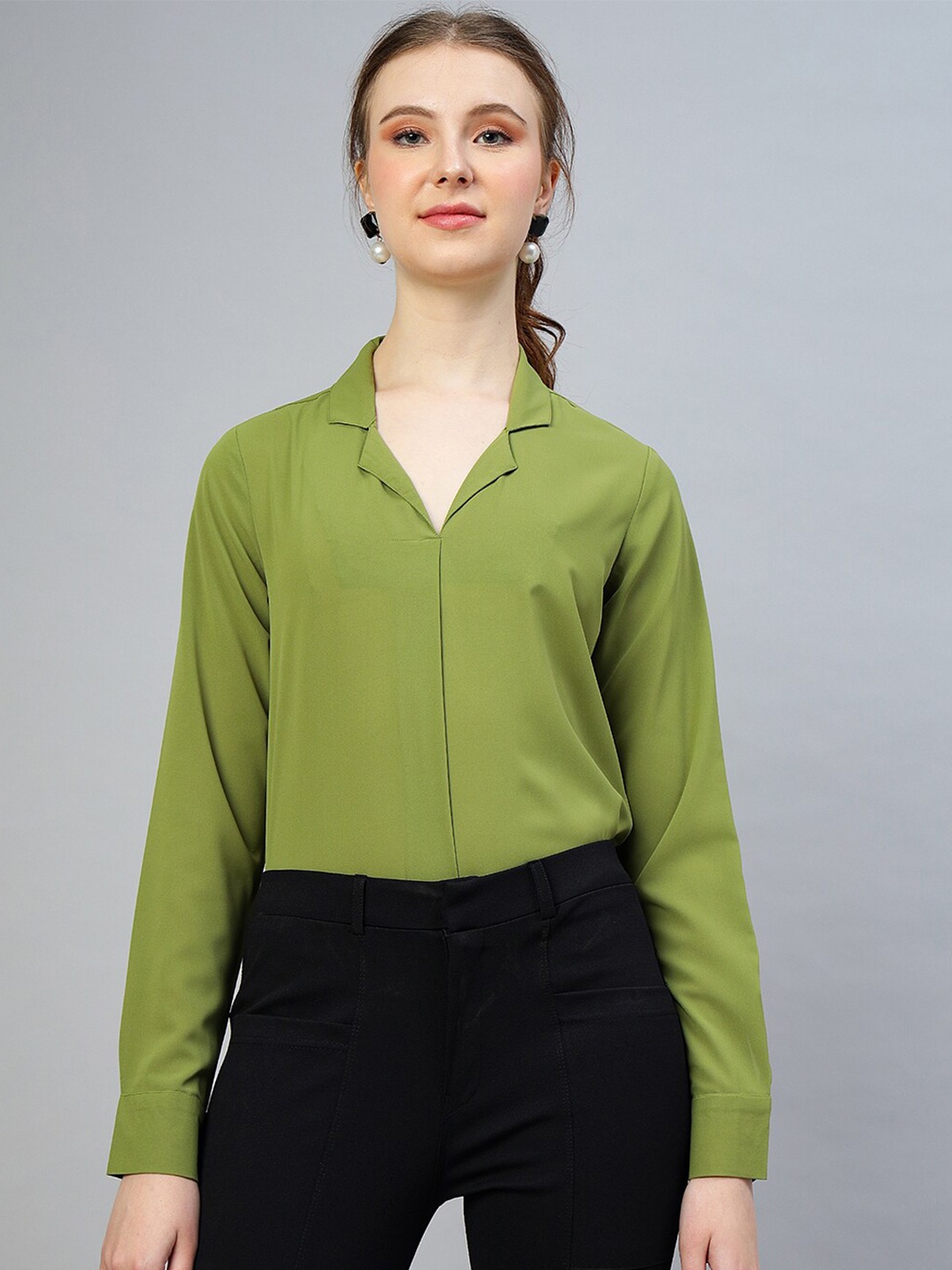 

FITHUB Cuffed Sleeves Opaque Shirt Style Top, Green