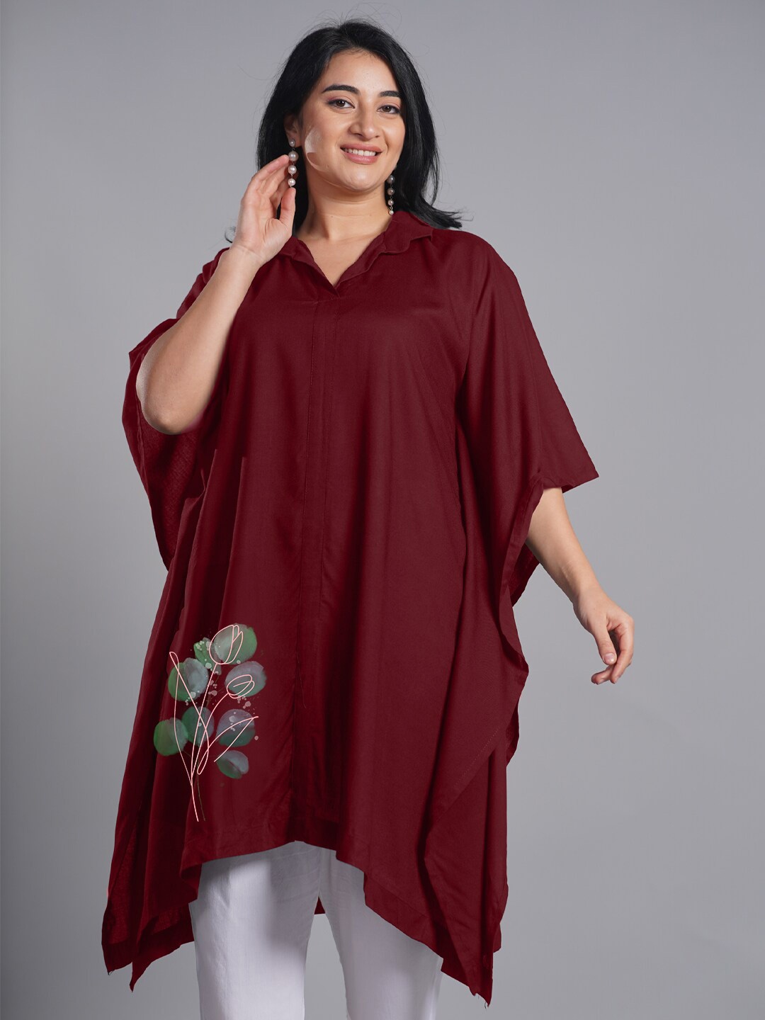 

LetsDressUp Plus Size Shirt Collar Floral Printed Kaftan Tunic, Maroon