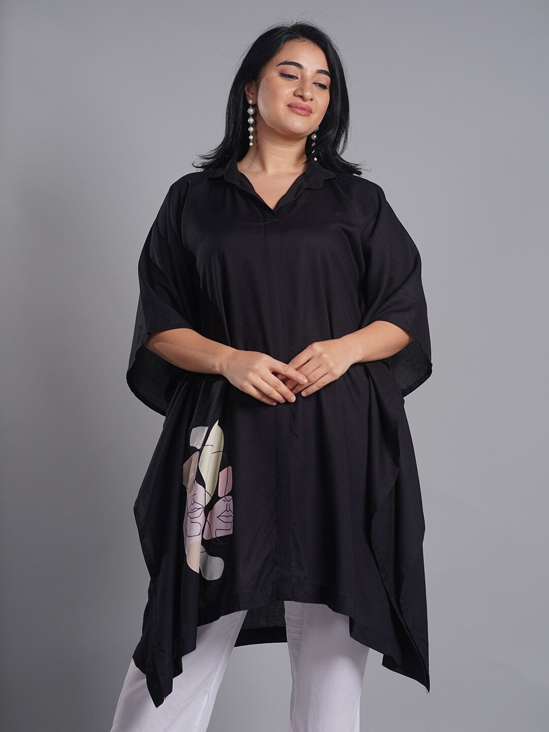 

LetsDressUp Plus Size Shirt Collar Placement Printed Kaftan Tunic, Black