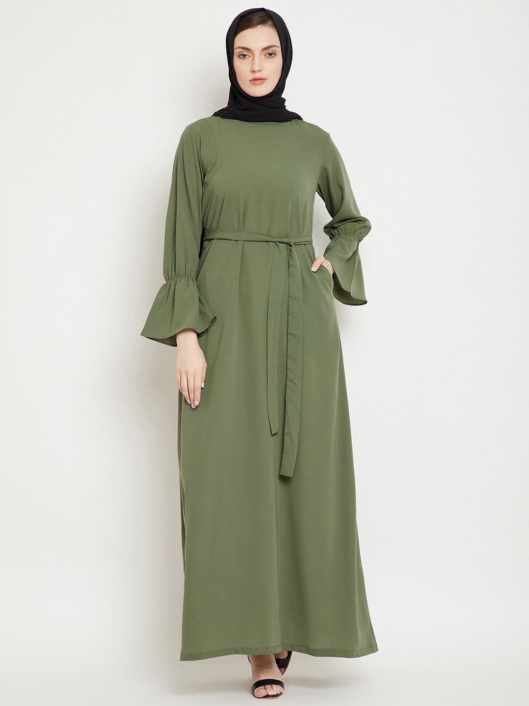 

NABIA Round Neck Bell Sleeves A-Line Abaya Burqa, Green