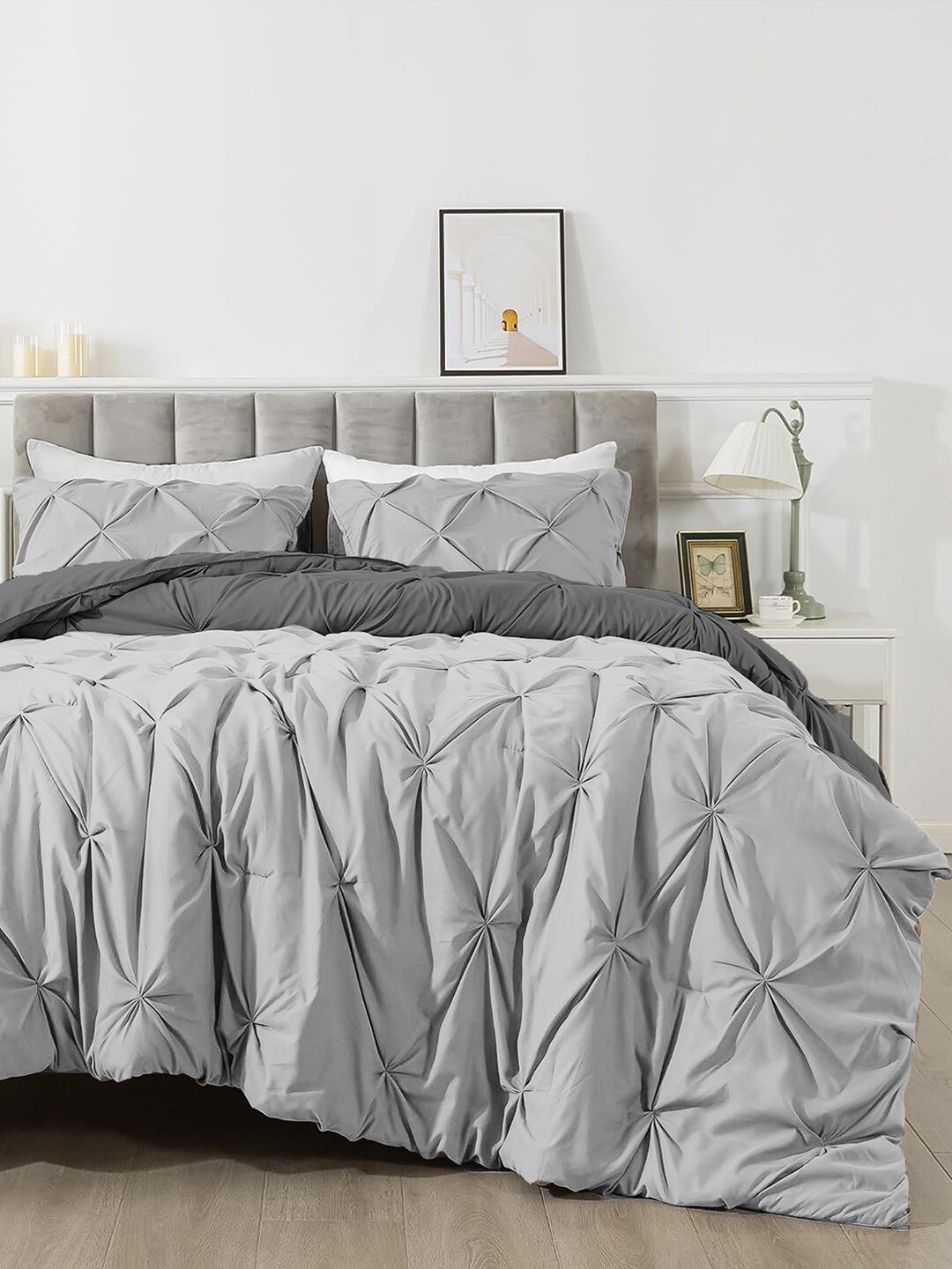 

THE WHITE MOSS Silver Toned & Grey 3 Pieces 150 GSM Reversible Single Bed Comforter