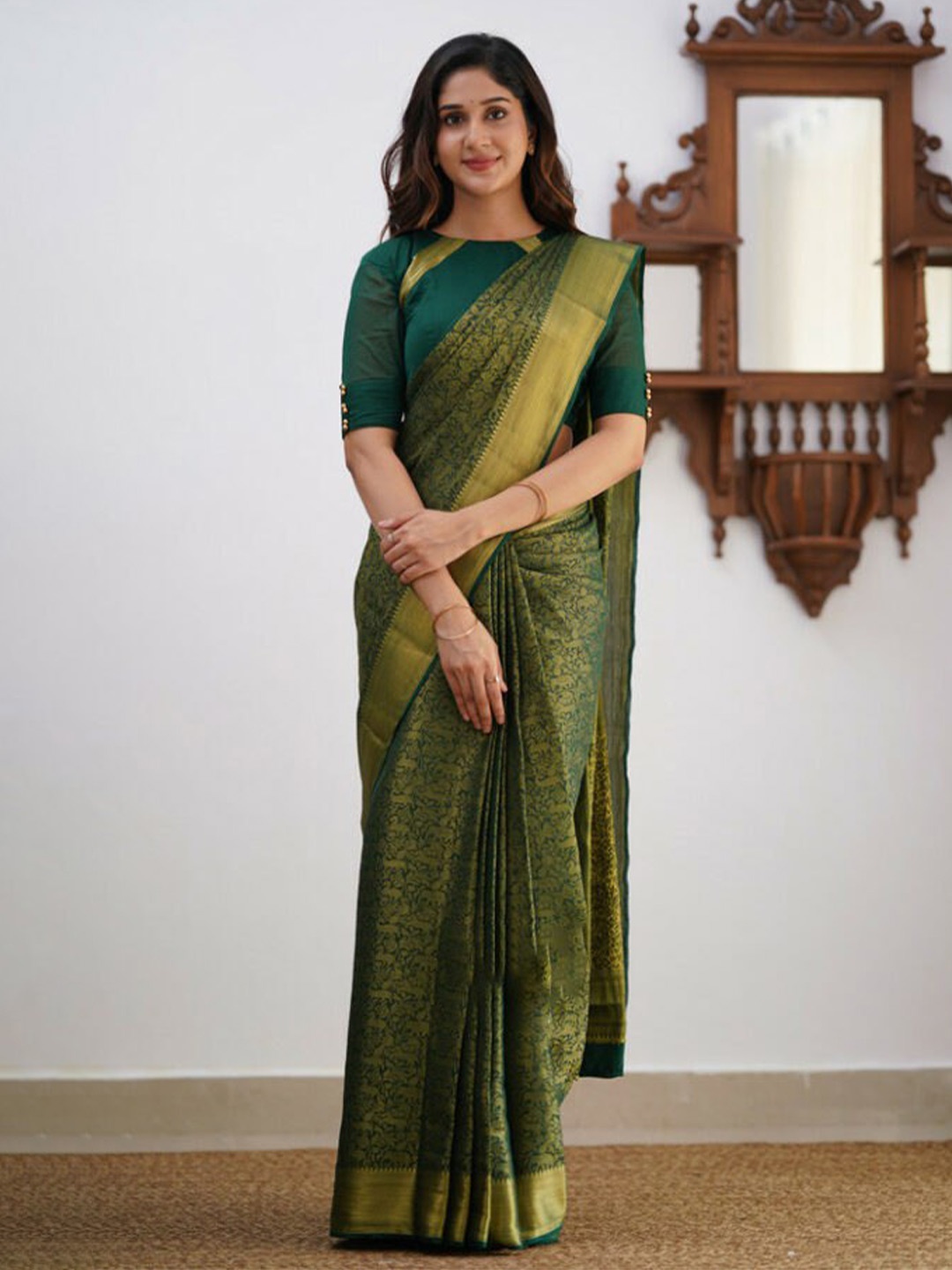 

Visit Wear Ethnic Motifs Woven Design Zari Kanjeevaram Saree, Green