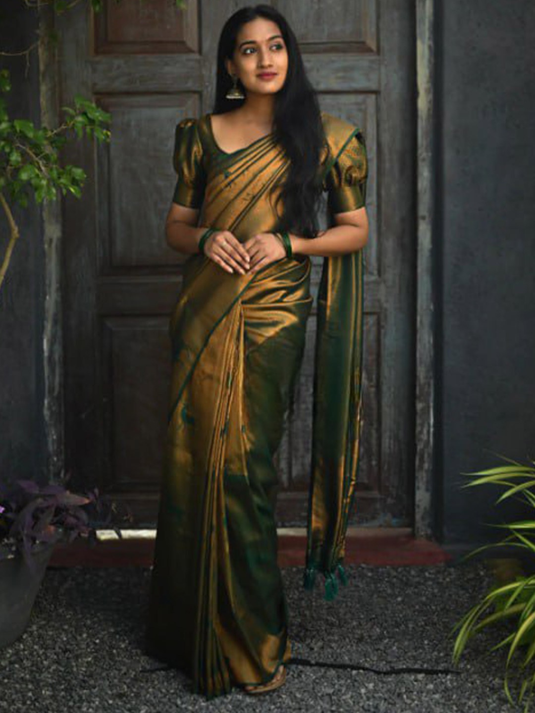 

Visit Wear Ethnic Motifs Woven Design Art Silk Kanjeevaram Saree, Green