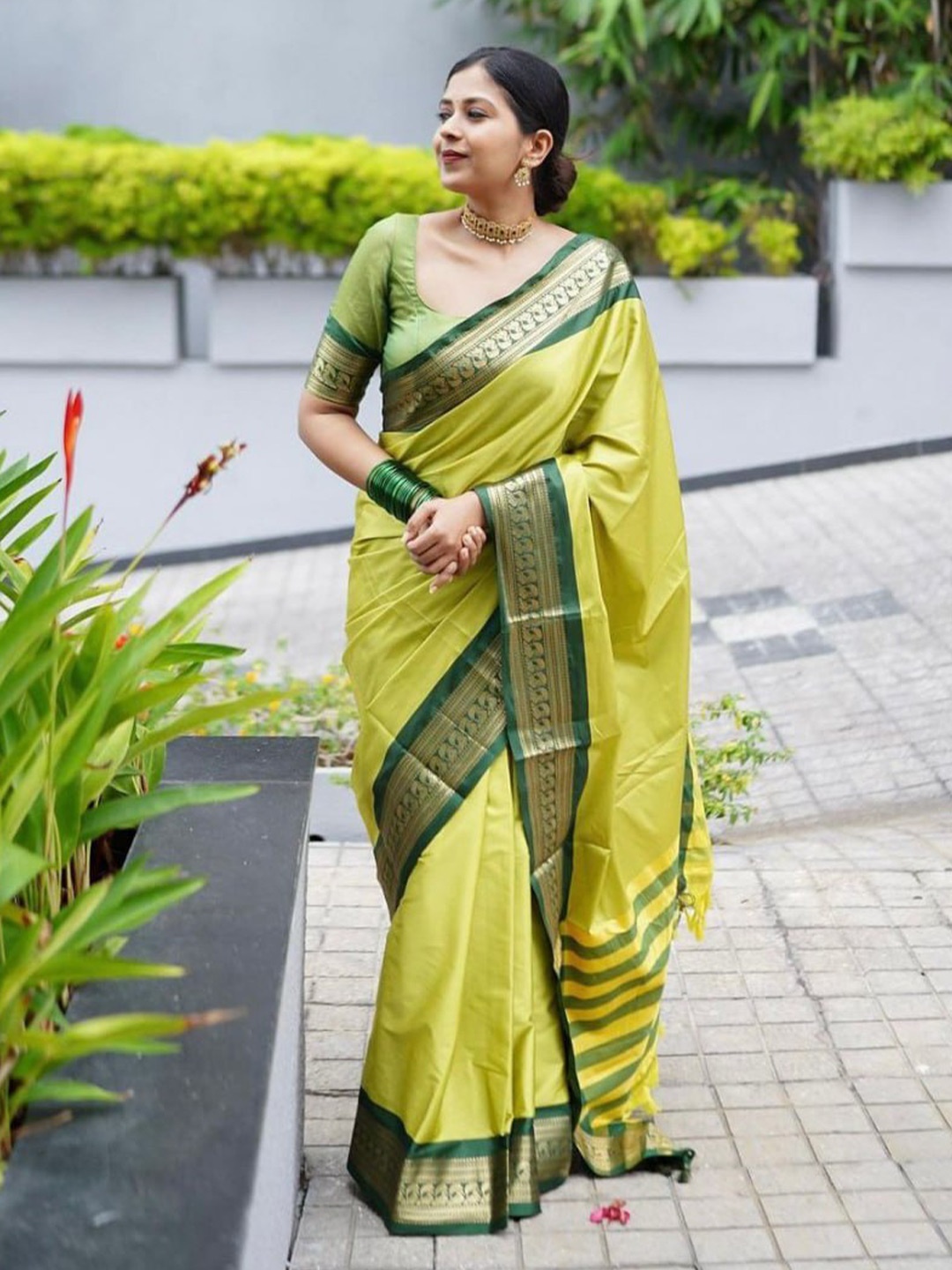 

Visit Wear Ethnic Motifs Woven Design Art Silk Banarasi Saree, Lime green