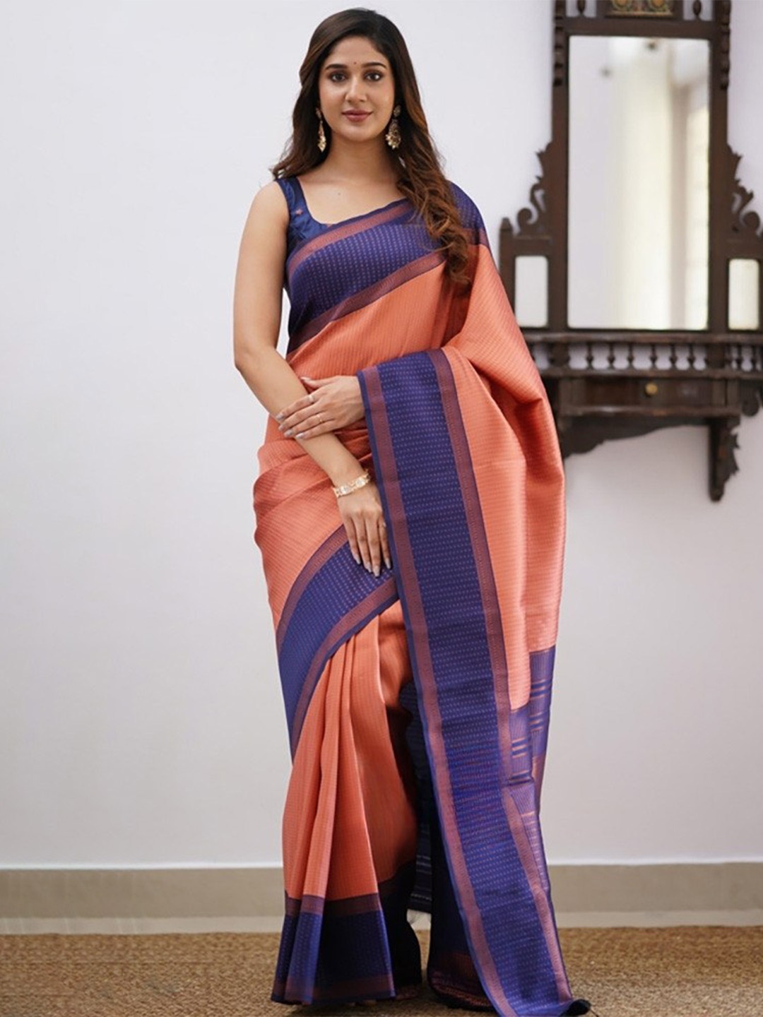 

Visit Wear Woven Design Zari Kanjeevaram Saree, Peach