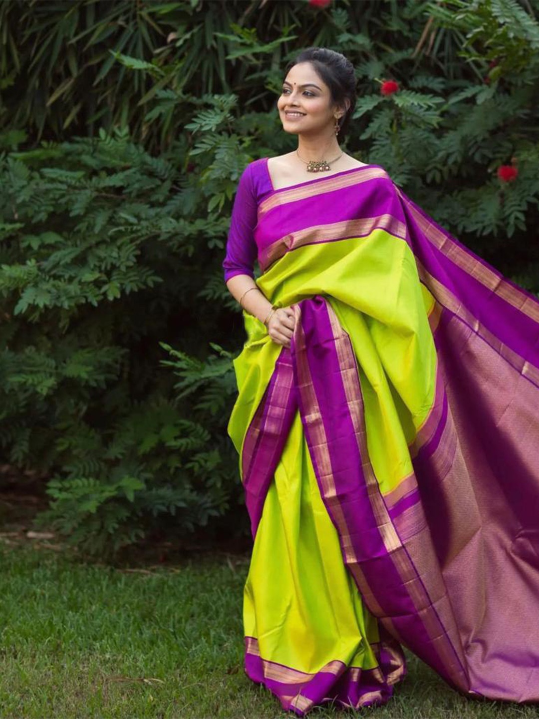 

Visit Wear Ethnic Motifs Woven Design Art Silk Kanjeevaram Saree, Lime green