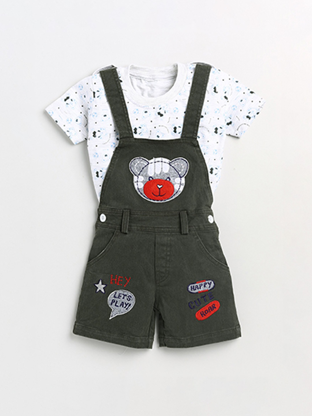 

BAESD Infants Applique Embroidered Cotton Dungaree With Printed T-Shirt, Olive