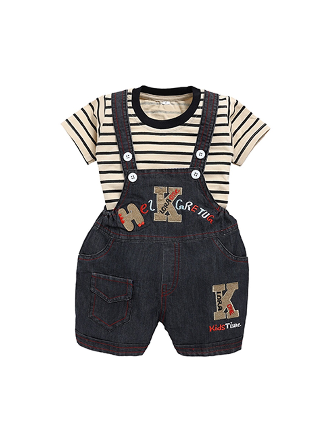 

BAESD Kids Striped Cotton Denim Dungaree With T-Shirt, Black