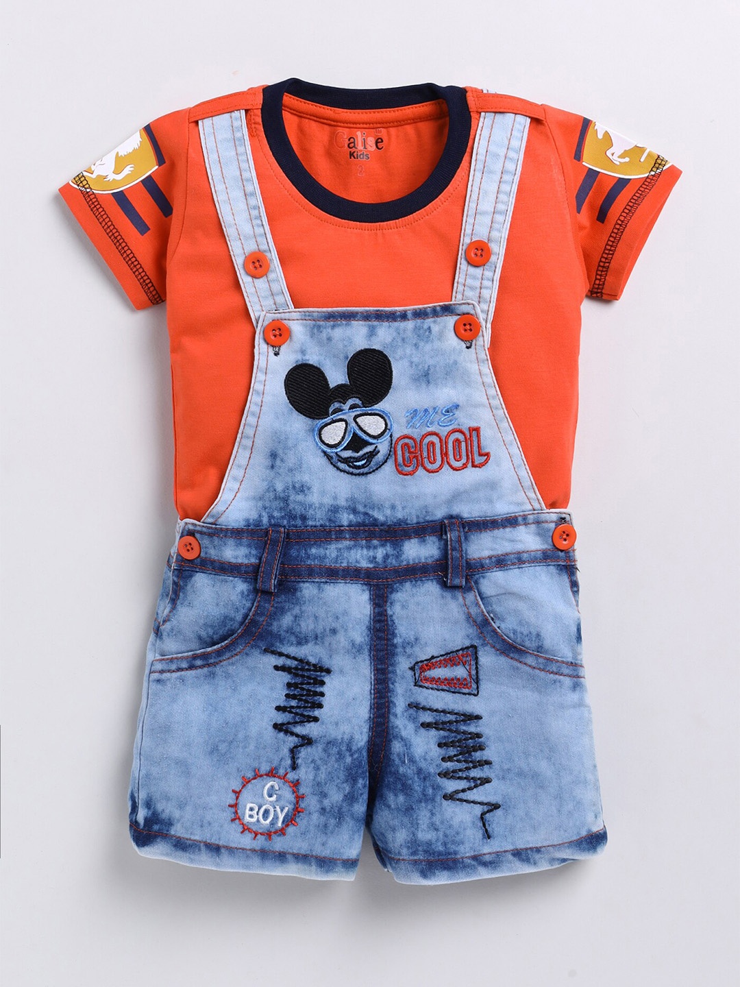 

BAESD Infants Embroidered Cotton Denim Dungaree With Printed T-Shirt, Orange