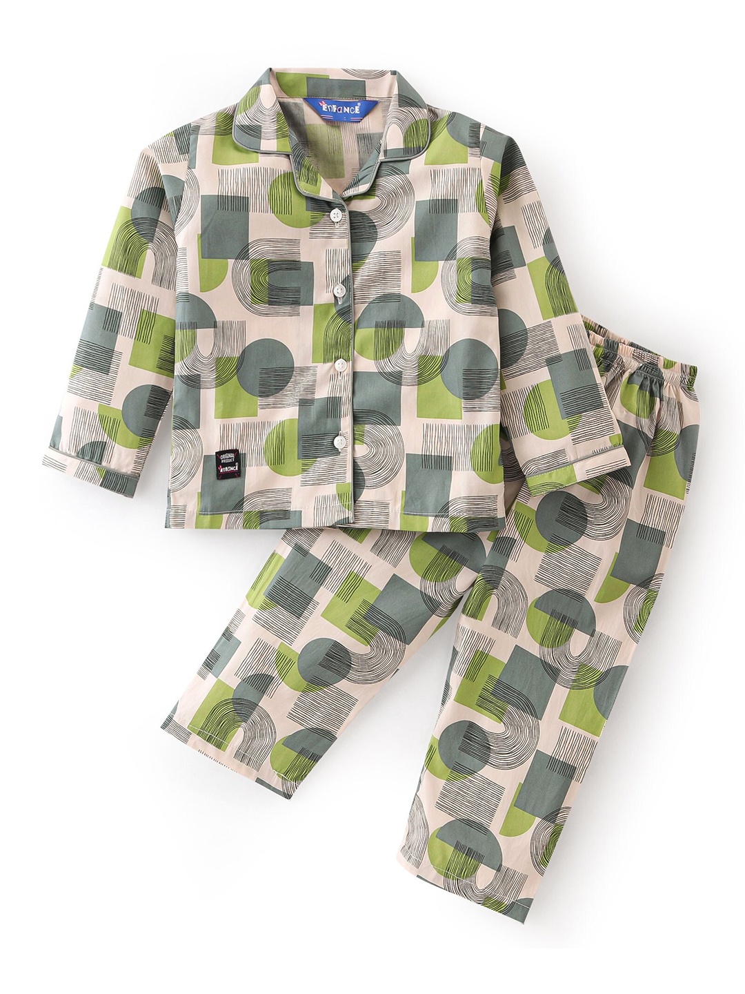 

Enfance Kids Printed Lapel Collar Pure Cotton Night suits, Green
