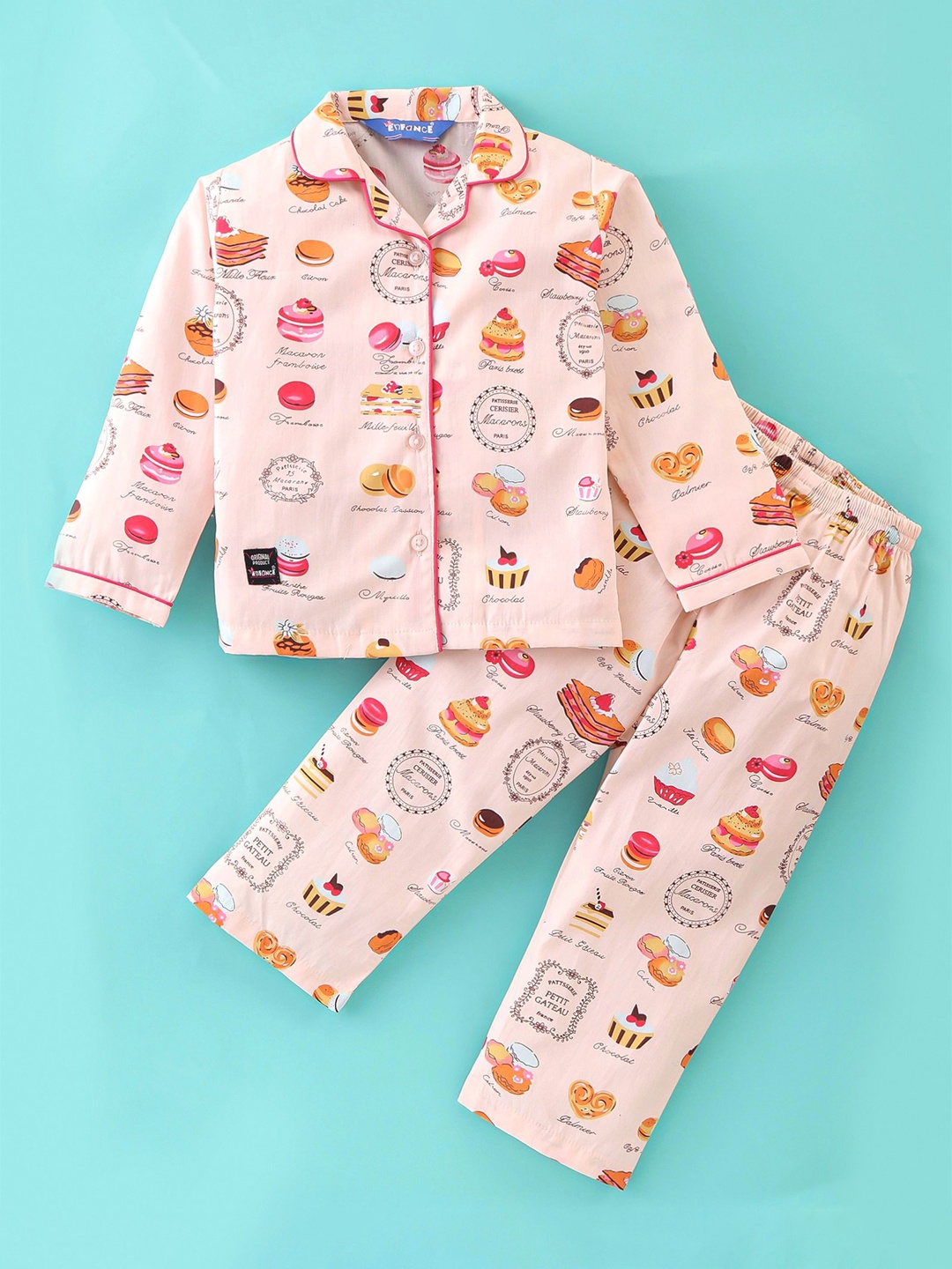 

Enfance Kids Printed Lapel Collar Pure Cotton Night suits, Peach