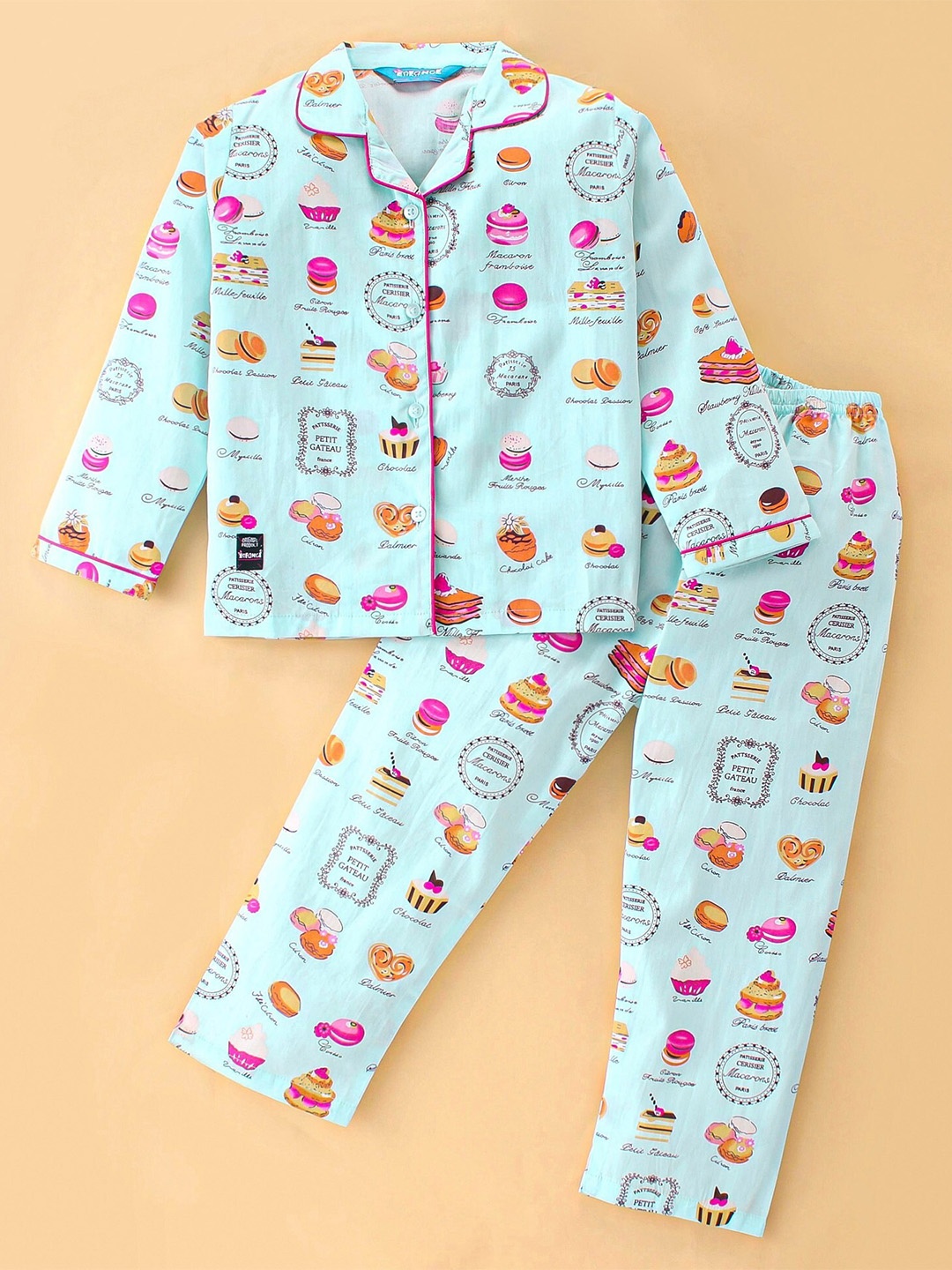 

Enfance Kids Printed Lapel Collar Pure Cotton Night suits, Blue