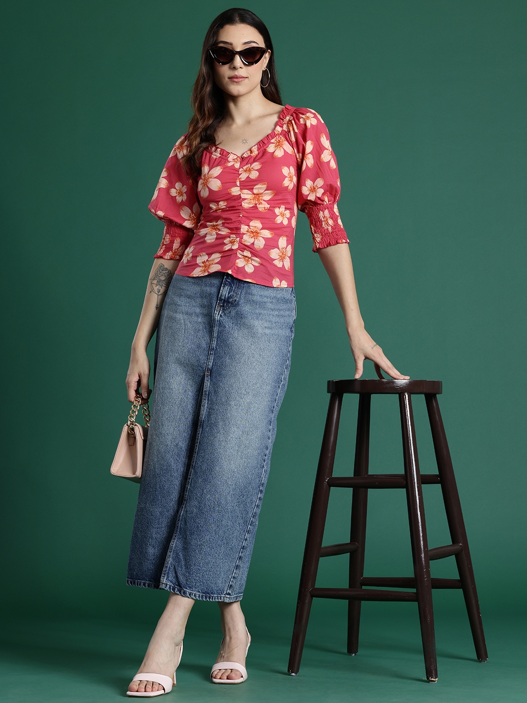 

DressBerry Floral Print Sweetheart Neck Cotton Top, Fuchsia