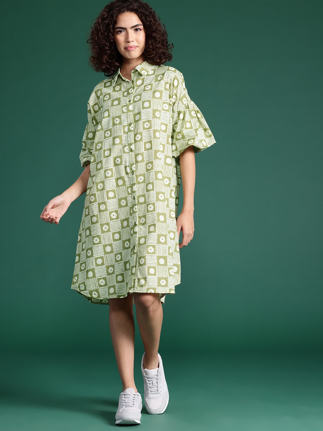 

DressBerry Printed Bell Sleeve Pure Cotton Shirt Dress, Green