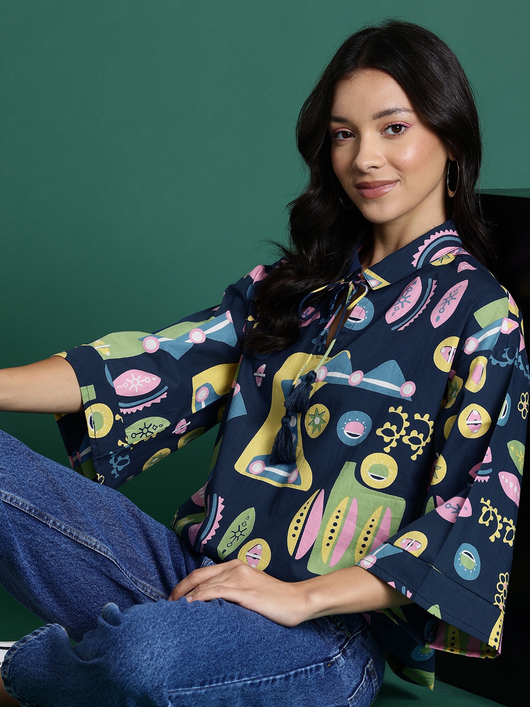 

DressBerry Printed Flared Sleeve Pure Cotton Top, Navy blue