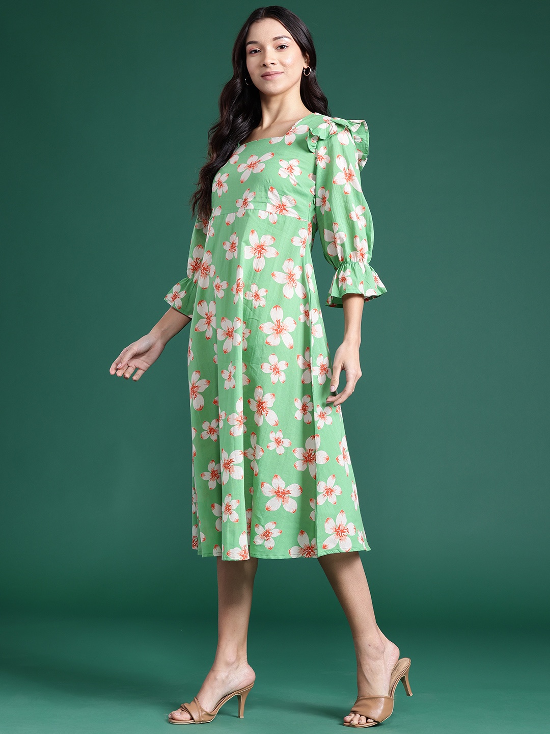 

DressBerry Floral Print Cotton Ruffled A-Line Midi Dress, Green
