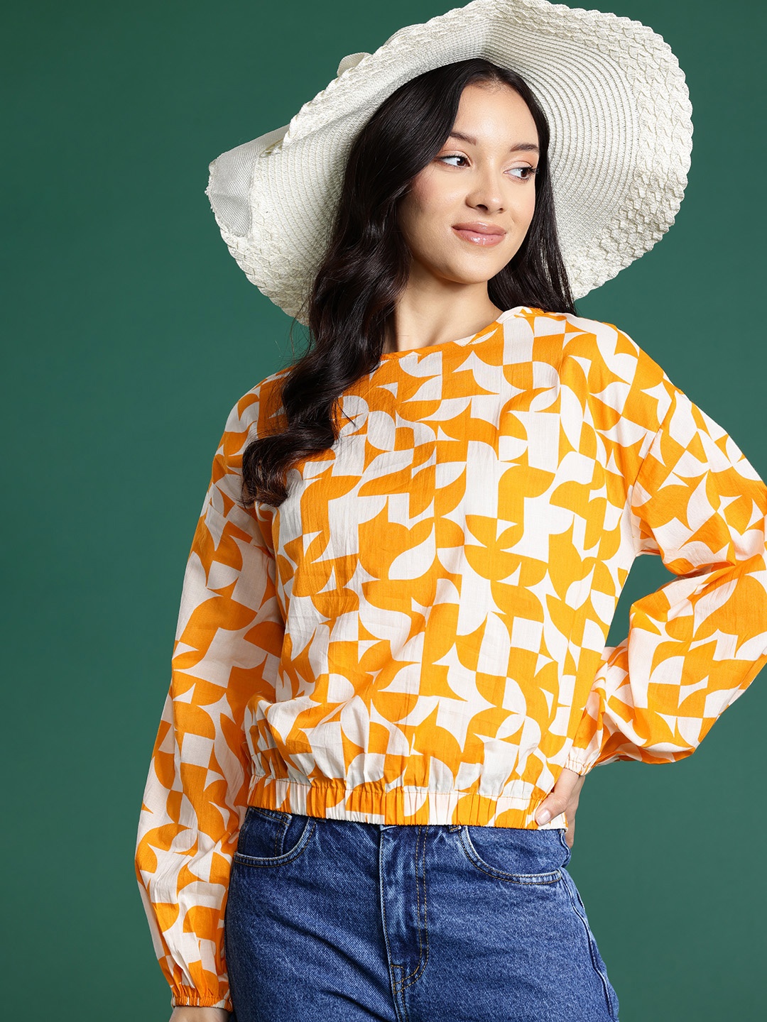 

DressBerry Geometric Print Puff Sleeve Cotton Blouson Top, Orange