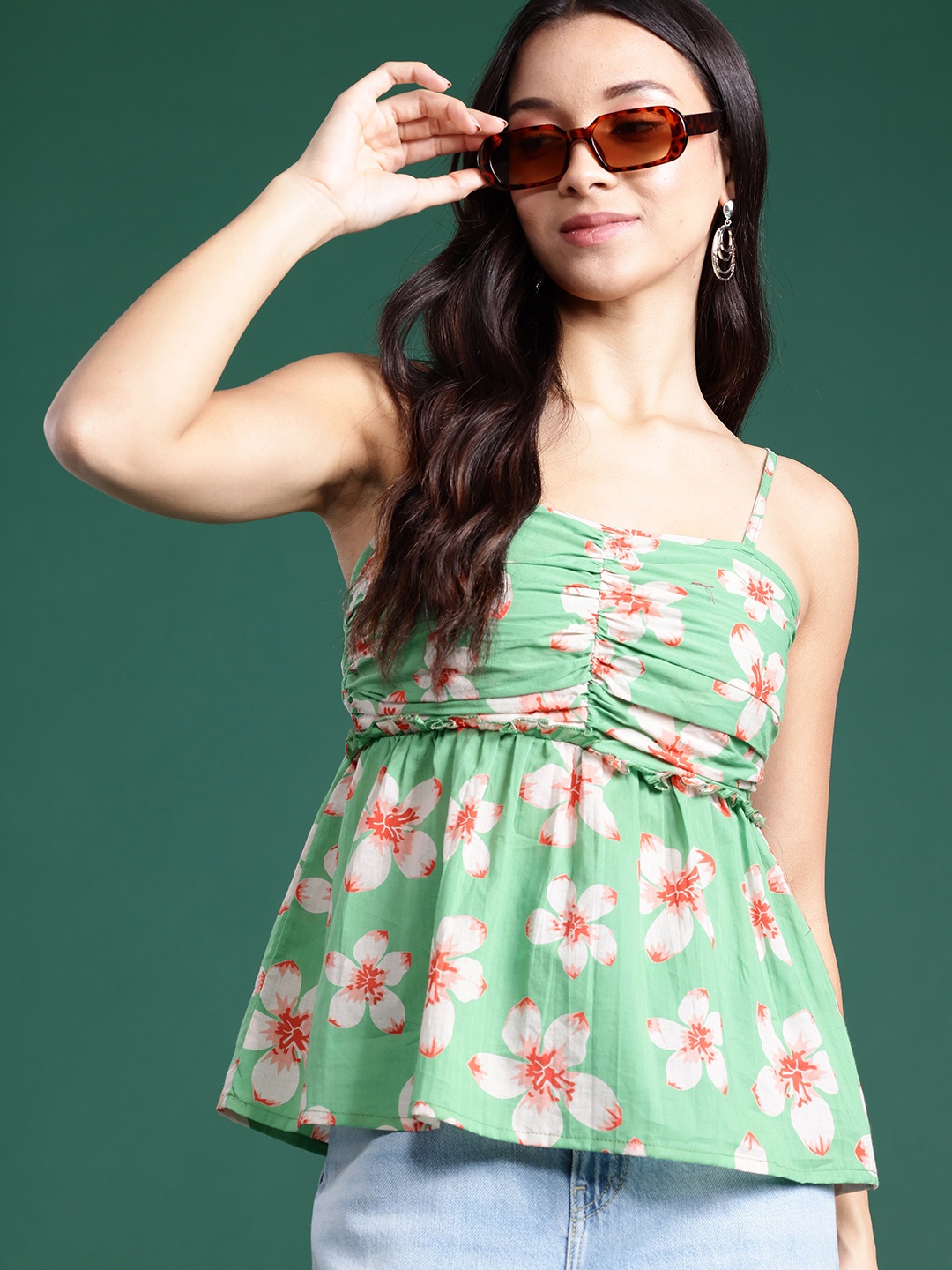 

DressBerry Floral Print Shoulder Straps Smoked Top, Green