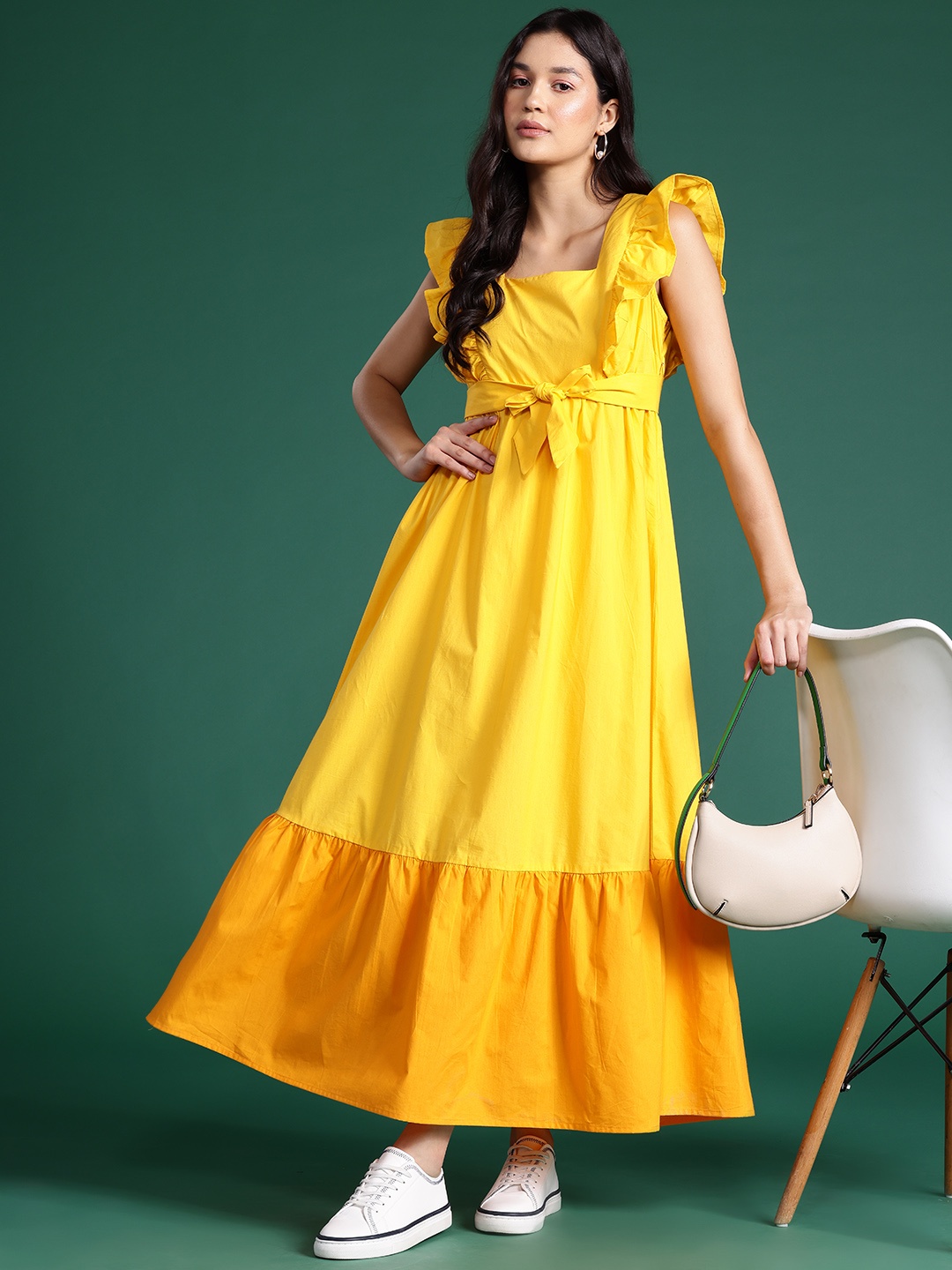 

DressBerry Pure Cotton Colourblocked Ruffled Tiered Fit & Flare Maxi Dress with Bow Detail, Yellow