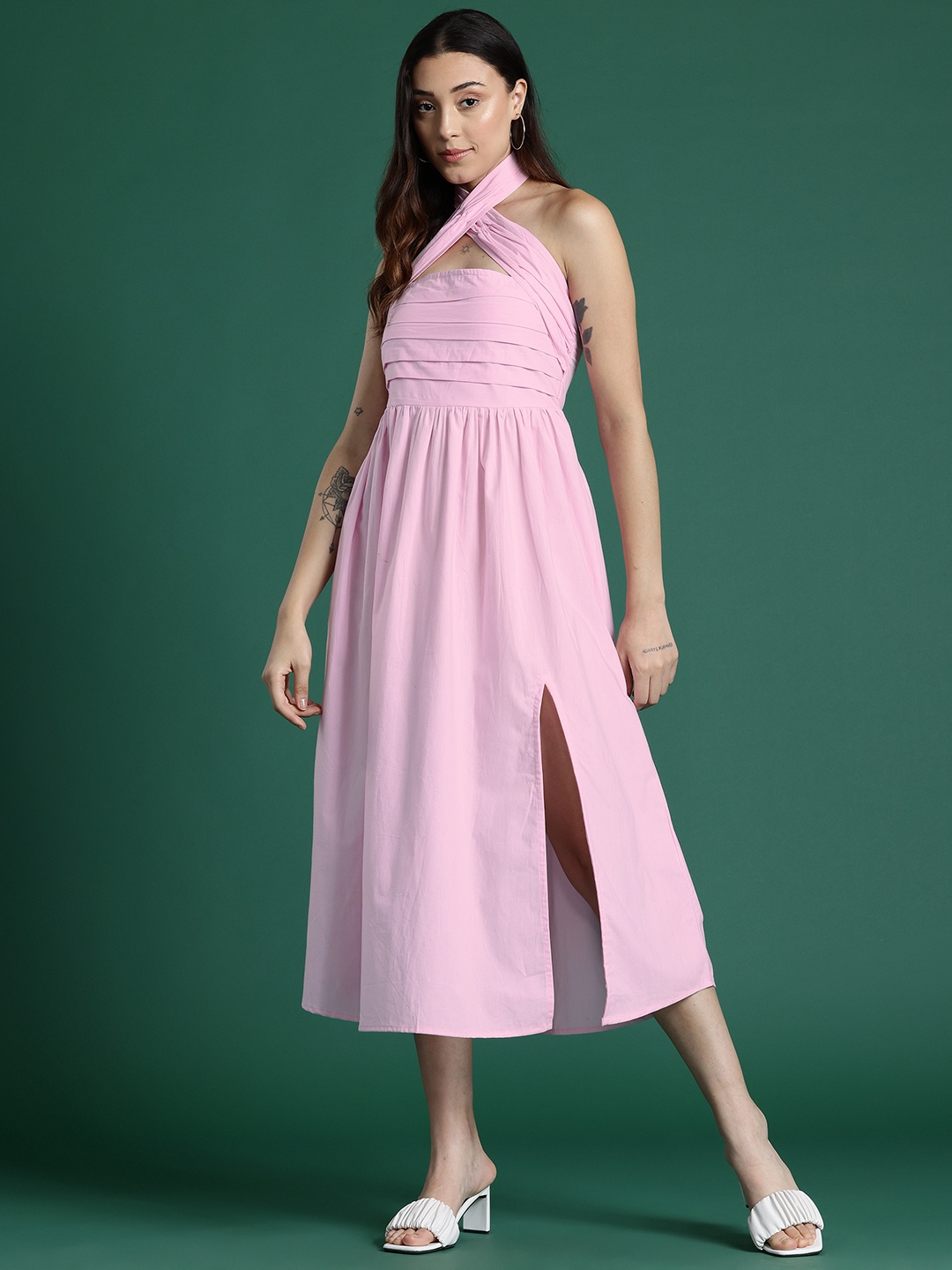 

DressBerry Glam Pure Cotton Cross-Over Halter Neck Pleated Midi Dress, Pink