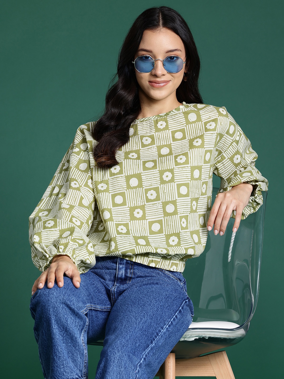 

DressBerry Geometric Print Puff Sleeve Cotton Blouson Top, Green
