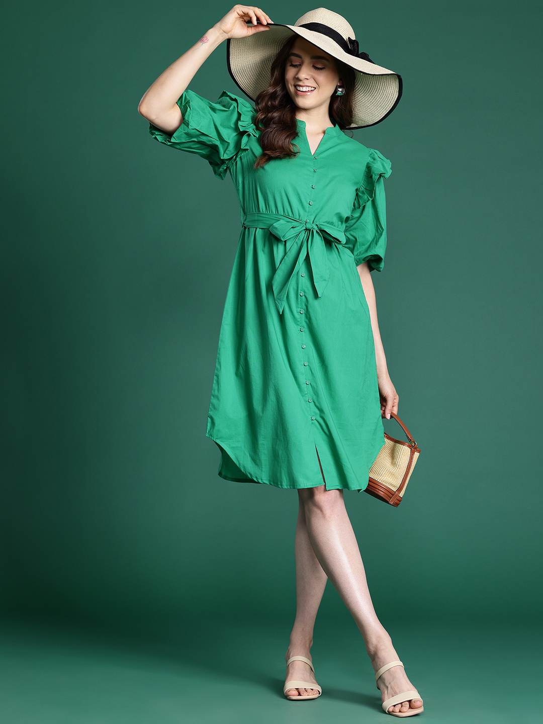 

DressBerry Pure Cotton Ruffled Shirt Style Dress with Belt, Green