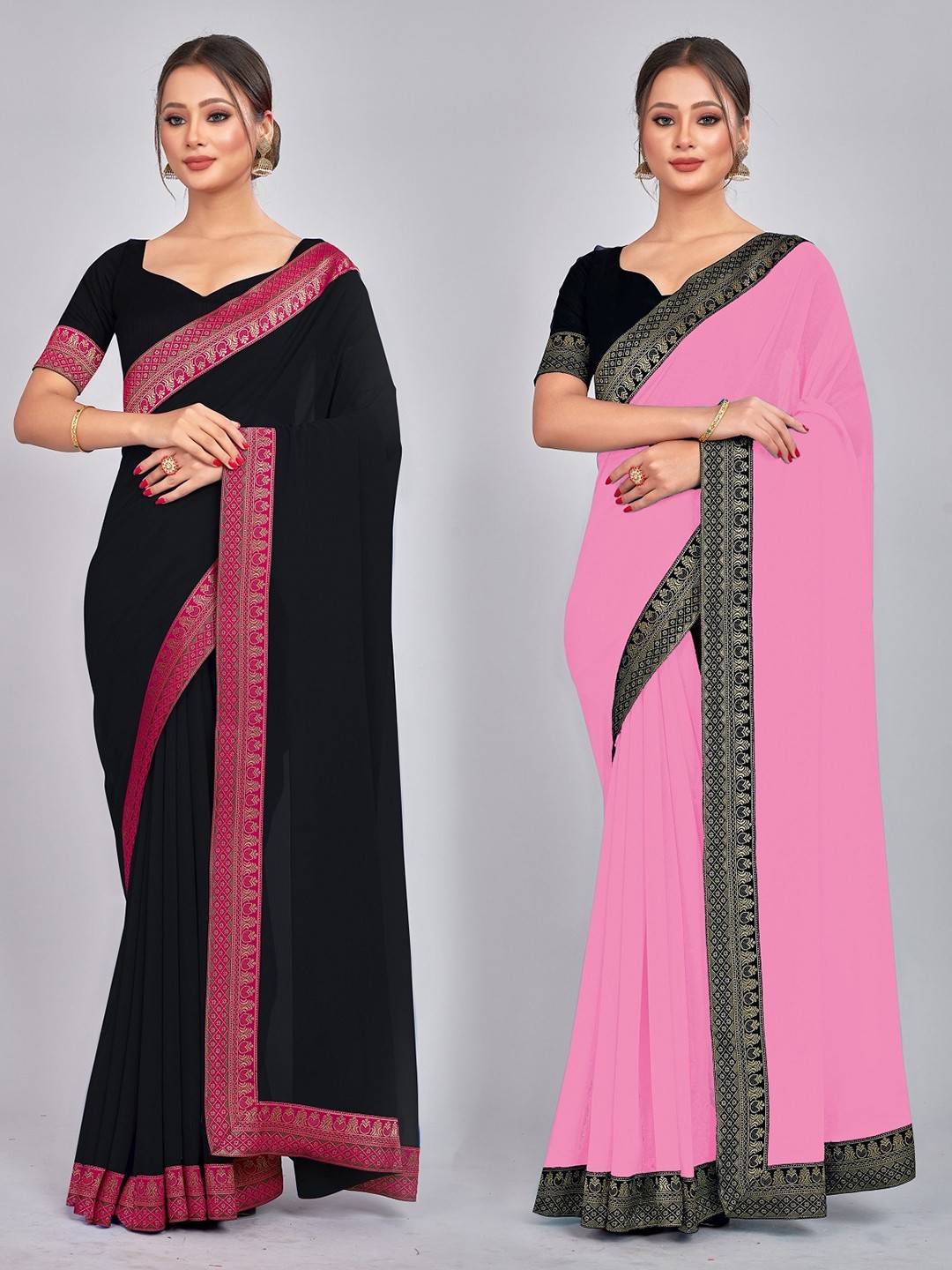 

CastilloFab Selection Of 2 Pure Georgette Zari Saree, Black