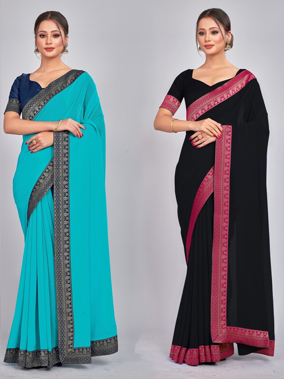 

CastilloFab Selection Of 2 Pure Georgette Saree, Black