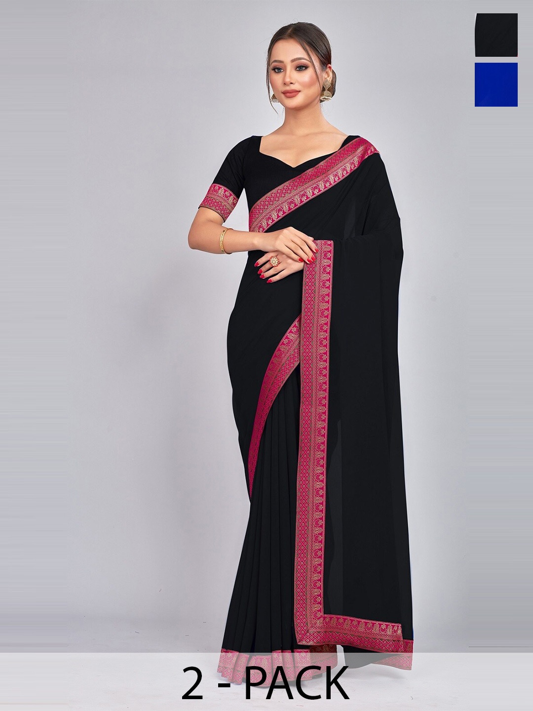 

CastilloFab Pure Georgette Lace Border Saree, Black