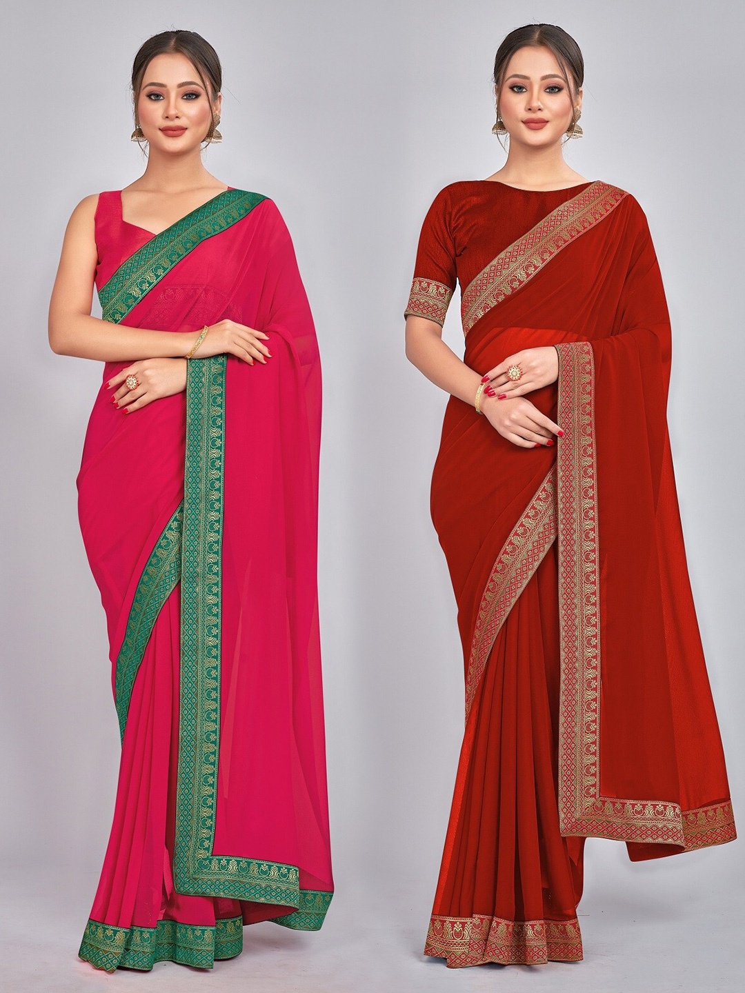 

CastilloFab Selection of 2 Zari Pure Georgette Saree, Rose
