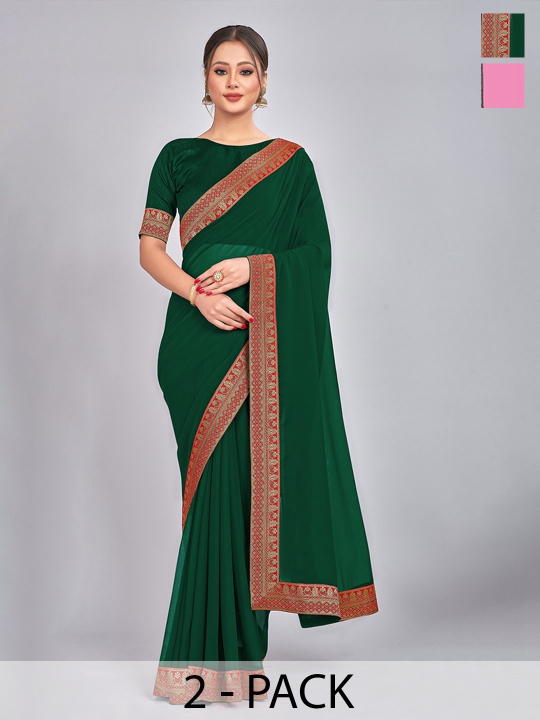 

CastilloFab Pure Georgette Lace Border Saree, Green