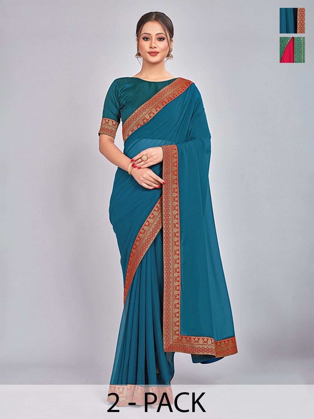 

CastilloFab Pure Georgette Lace Border Saree, Rose