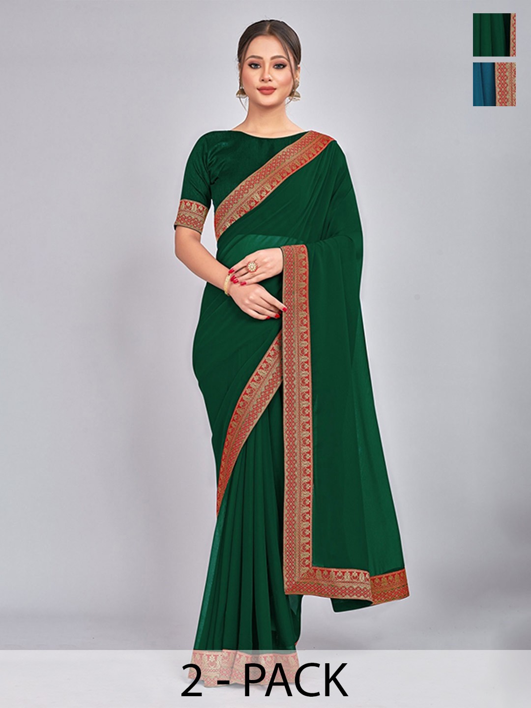 

CastilloFab Pure Georgette Lace Border Saree, Green