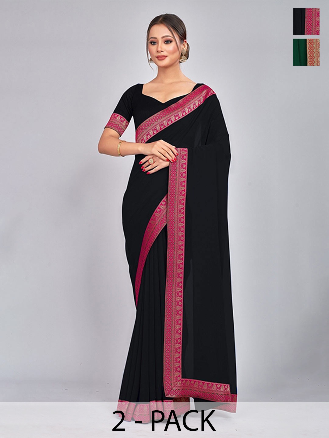 

CastilloFab Pure Georgette Lace Border Saree, Black