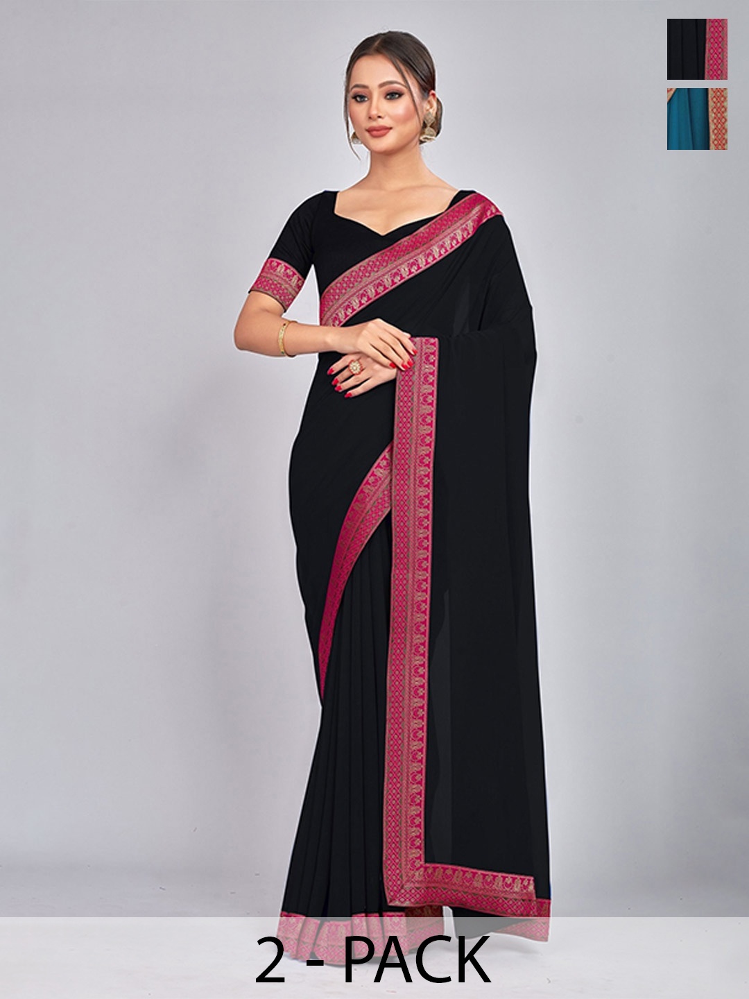 

CastilloFab Pure Georgette Lace Border Saree, Black