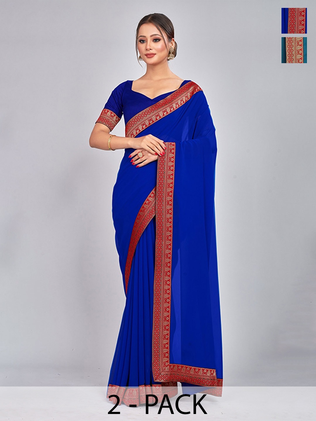 

CastilloFab Pure Georgette Lace Border Saree, Blue