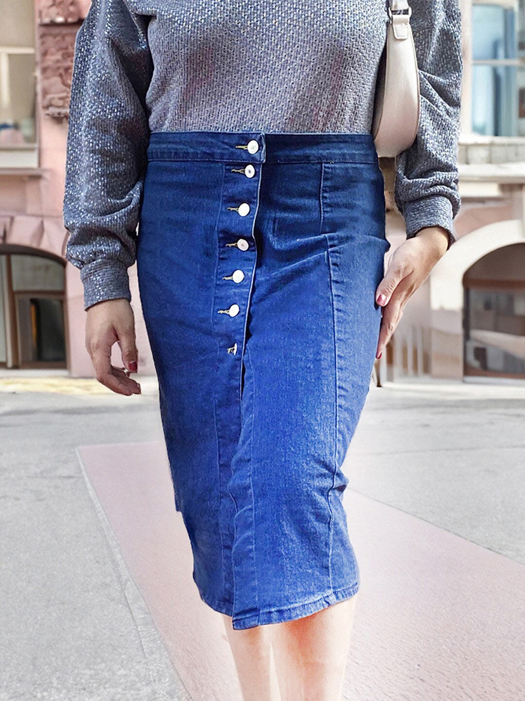 

IZF Pure Cotton Pencil Midi Skirts, Blue
