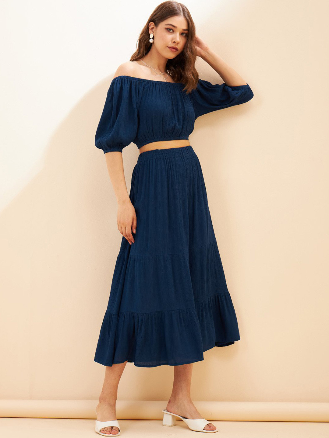 

Femvy Off-Shoulder Puff Sleeve Applique Opaque Fit & Flare Dress, Blue